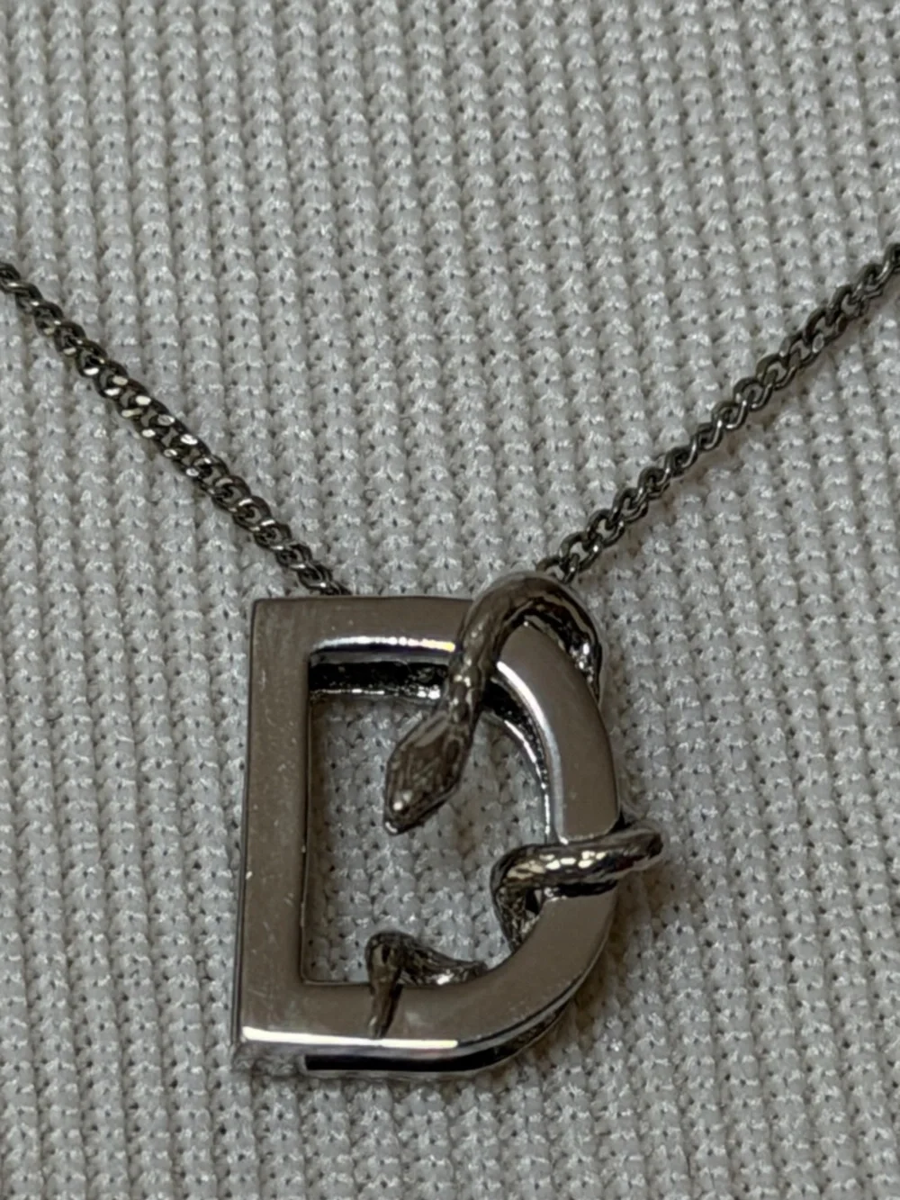Saint Laurent YSL Sterling Silver D Initial Letter Snake Pendant Chain Necklace